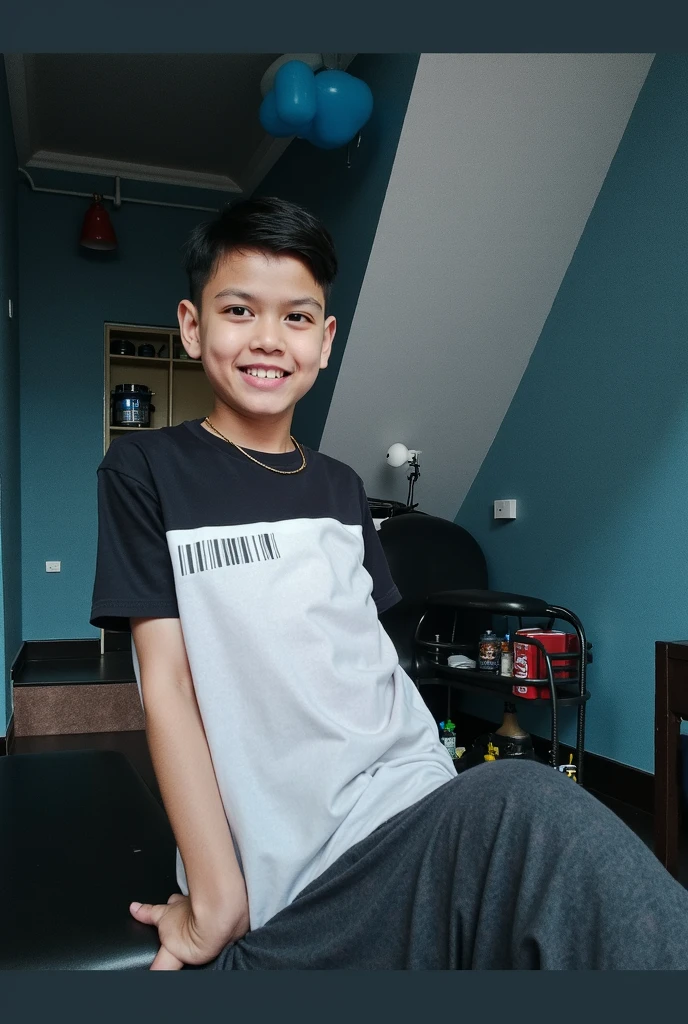 18 years older boy wearing T-shirt cartoon image sitting on computer chair