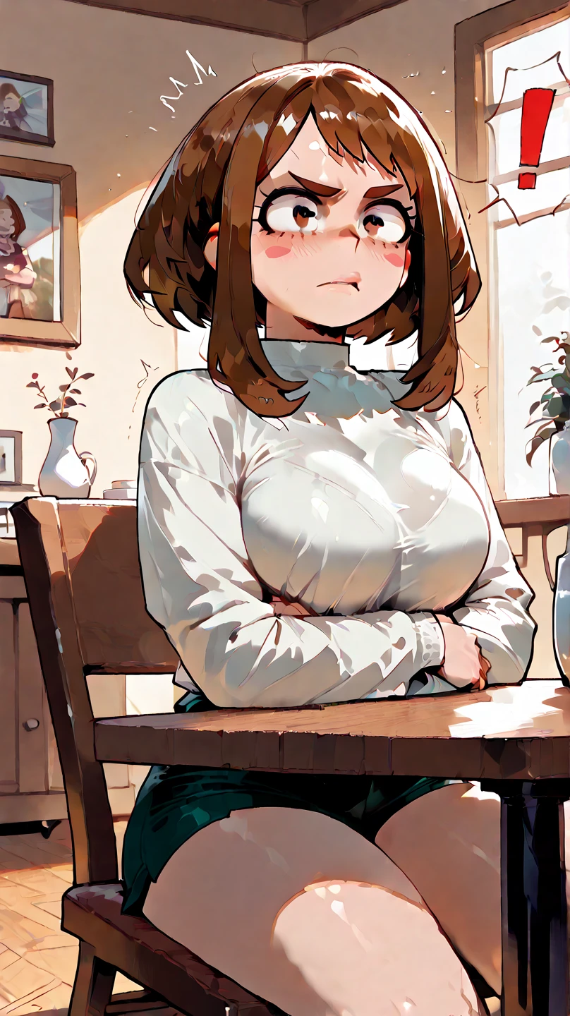 NSFW:1.3、(((Hands touching breasts:1.3))),(((Red long skirt, buttoning her blouse with her hands, opening the front:2.4. An elegant white short-sleeved blouse that shows off a white bra))),(((Apartment room、Sitting in a chair、Anxious expression、Tea on the table:1.3)))Mid-length bob cut hair:1.9. Big breasts:1.6、(((1 Female:1.3))), (((Brown Hair:1.3. Wavy Hair:1.5. Bob Cut Hair:1.9 Round Eyes Beauty:1.3. Shapely breasts, brown eyes, side-swept bangs, red cheeks:1.3 Sweat:1.3)))、(((Top quality masterpiece high resolution perfect human body:1.3))),(((Sweat:1.3,cute:1.3)))