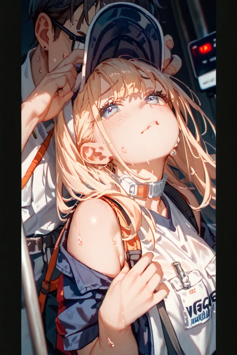 Golden hair, golden eyes with black pupils, woman , big chest, motorcycle goggles, focused on motorcycle, working on vehicle, working under motorcycle, laying down on back, dirty, garage, zombie apocalypse, tattered black streetwear, highly detailed, perfect eyes, well defined eyes, highly detailed eyes, expressive eyes, best quality