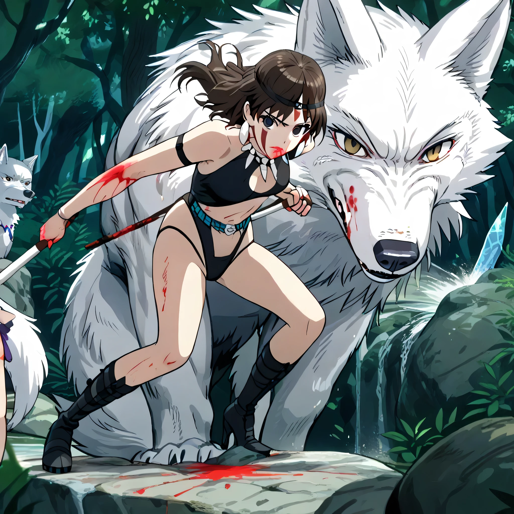 (((Masterpiece))), (((Best Quality))), ((Super Detail)), ultra-High resolution, score_9,score_8_up,score_7_up,score_6_up,score_5_up,score_4_up, BREAK, source_anime, anime screencap, uncensored, rating_explicit, Masterpiece, (best shadow), (absurdres), (detailed background), (very aesthetic), shiny, detailed beautiful eyes, outstanding, countershading, detailed soft lighting, an exquisite animation illustration, curvy, dark persona, empty eyes, expressionless, blank eyes, looking at viewer, full body, emotionless, Fighting Stance, horizontal pupils, (((black leotard, clothing cutout))), high heel boots, knee boots, circlet, armlet, bracelet, belt, halterneck, (((solo, 1girl))), hair ornament, seductive pose, submissive pose, medium breast, brown hair, facepaint, headband, earrings, tooth necklace, gray eyes, crystal necklace, pale skin, forest background, rock background, waterfall background, holding spear, spear, (((wolf, wolf background, full body))), blood spaltter, blood on clothes, blood spaltter, running, speed line, attack, battle, war, battlefield, burn, burning