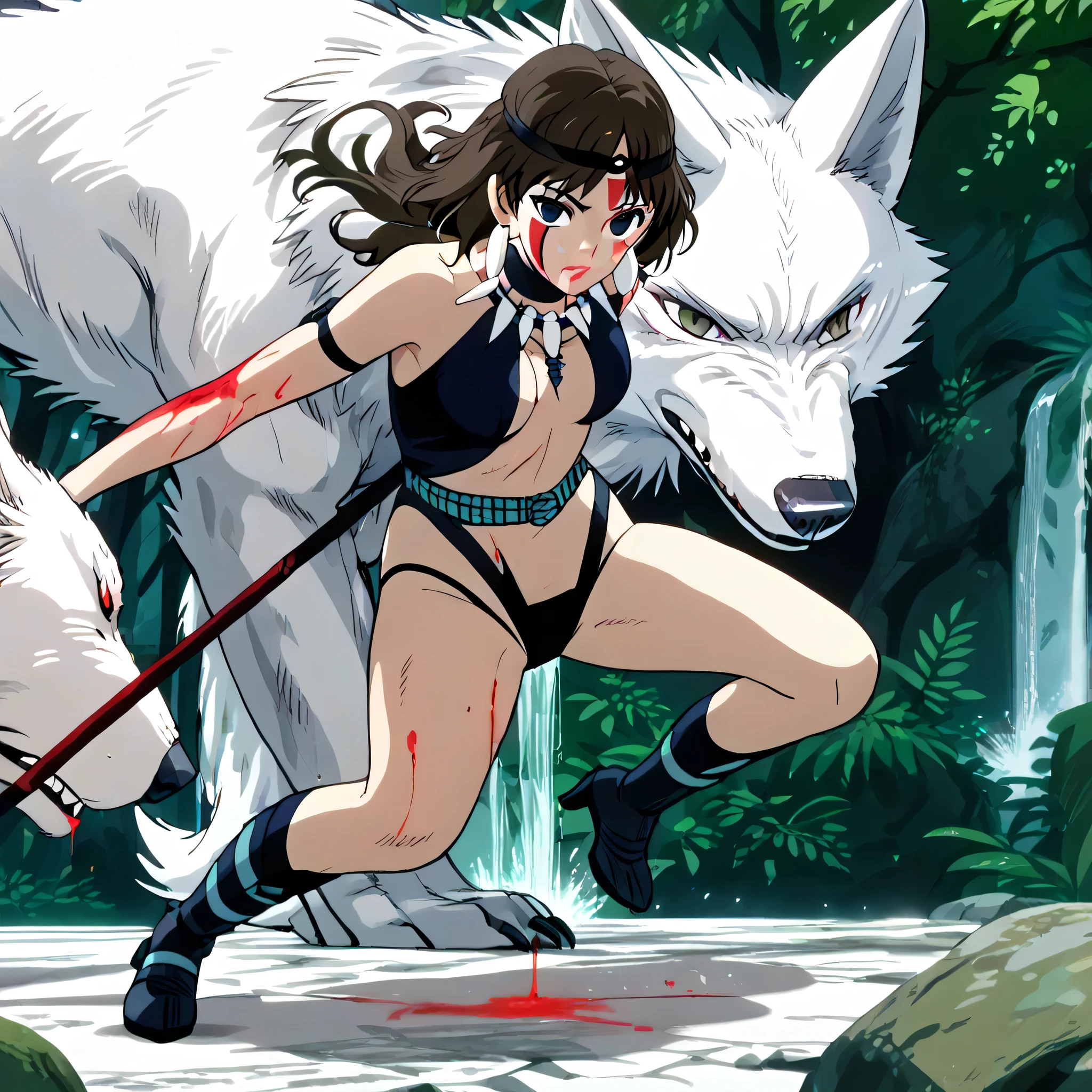 (((Masterpiece))), (((Best Quality))), ((Super Detail)), ultra-High resolution, score_9,score_8_up,score_7_up,score_6_up,score_5_up,score_4_up, BREAK, source_anime, anime screencap, uncensored, rating_explicit, Masterpiece, (best shadow), (absurdres), (detailed background), (very aesthetic), shiny, detailed beautiful eyes, outstanding, countershading, detailed soft lighting, an exquisite animation illustration, curvy, dark persona, empty eyes, expressionless, blank eyes, looking at viewer, full body, emotionless, Fighting Stance, horizontal pupils, (((black leotard, clothing cutout))), high heel boots, knee boots, circlet, armlet, bracelet, belt, halterneck, (((solo, 1girl))), hair ornament, seductive pose, submissive pose, medium breast, brown hair, facepaint, headband, earrings, tooth necklace, gray eyes, crystal necklace, pale skin, forest background, rock background, waterfall background, holding spear, spear, (((wolf, wolf background, full body))), blood spaltter, blood on clothes, blood spaltter, running, speed line, attack, battle, war, battlefield, burn, burning