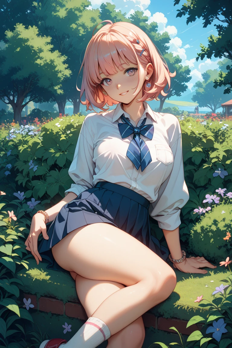 (best quality, 4k, 8k, highres, masterpiece:1.2), Pink Hair、Shorthair、breasts are beautiful and big。There is a large tree。Please spread your legs and sit on the tree branch.。Crotch is stiff。and smile、Support your body with your hands in front of you。high quality sailor uniform、kneel down