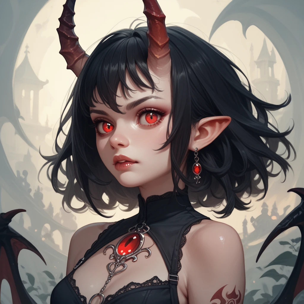 Tiefling, dragon wings, seductive look, head, fine black dress, dragon silver necklace. Short hair, black hair.