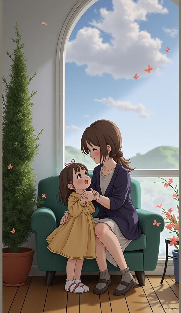 A woman stands in the center holding a 6-month-old baby, A girl next to the woman on the left side and an 1 girl on the right side, all with brown hair, in modern clothes and sitting on a sofa.