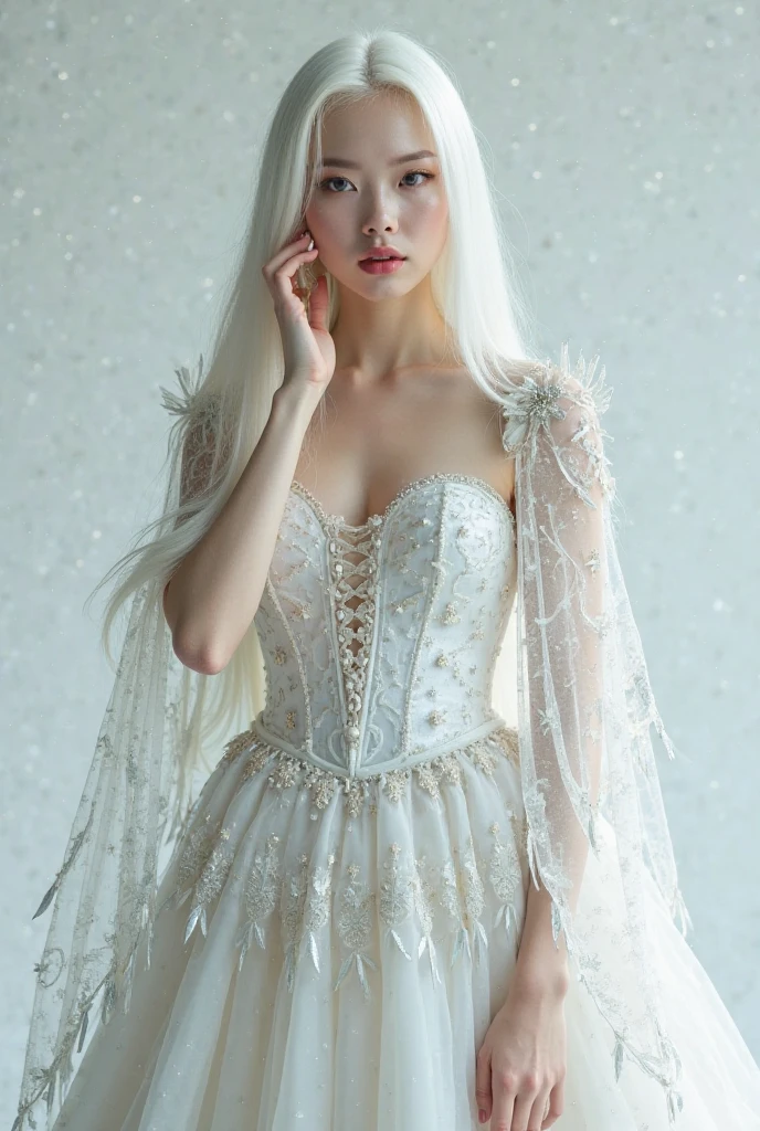 Beautiful girl. Long, gentle snow-white hair. Red eyes that seem to shine with mystery and charm. Face: Beautiful, elegant, seemingly gentle and charming. Costume: can be light, flowing, or classic design with sparkling details. Background: Dreamy, can be a mythical or natural background, to highlight the character's sophistication. Holding a staff representing the elements in nature