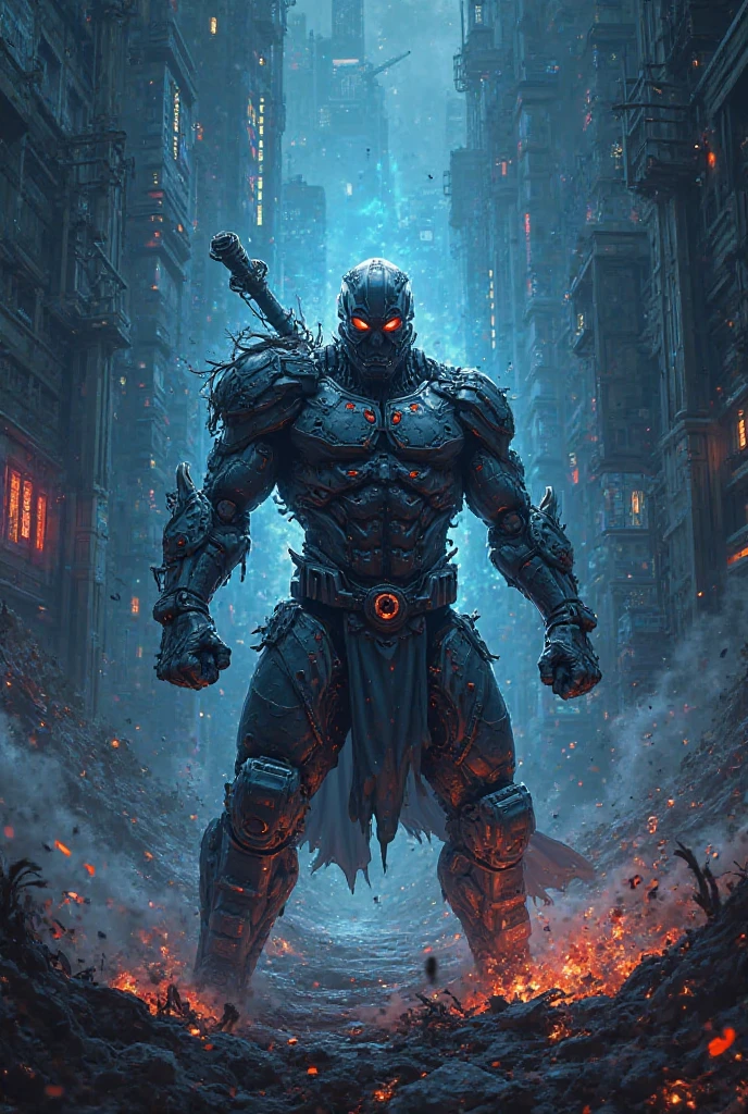 gloomy portrait of Jax from the Mortal Kombat, standing tall (full body) and imposing, extremely detailed, futuristic cityscape, nighttime, glowing neon lights, smoke, sparks, metal shavings, flying debris, blue energy effects, volumetric light, red eyes