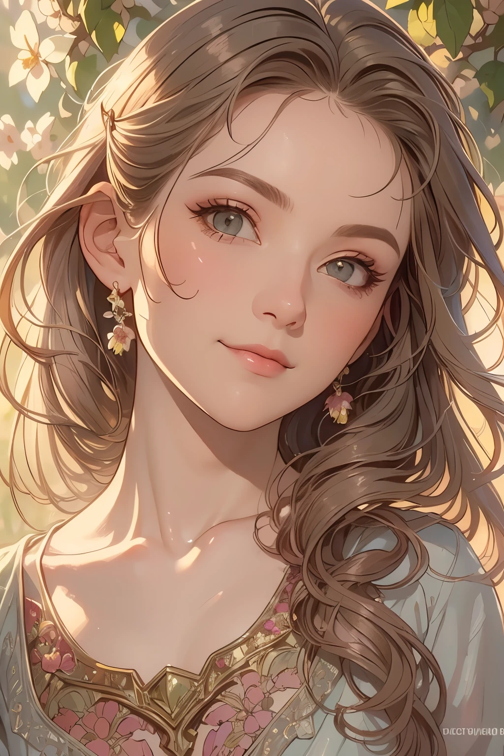 (detailed oil painting of a beautiful woman), rough touch, focus on face, (small smile with calm, kind and bright expression), ((silver grey brown almost straight medium long hair!)), ((close up)), shiny skin, glossy lips, ((casual pastel colored spring clothes)), (spring outfit), (smart figure), small necklace, soft spring sunlight, small spring flowers of various colors, young leaves on trees, striking portrait, use of contour, clean line drawing, fine and intricate details, bright primary colors used partially as accents, floral frame, Art Nouveau frame, Art Nouveau decoration, floral decorative panel, fine and intricate details, (Alphonse Mucha compositional style), muted colors, impressionist style, stress-free mixed media masterpiece, amazing!, beautiful!,