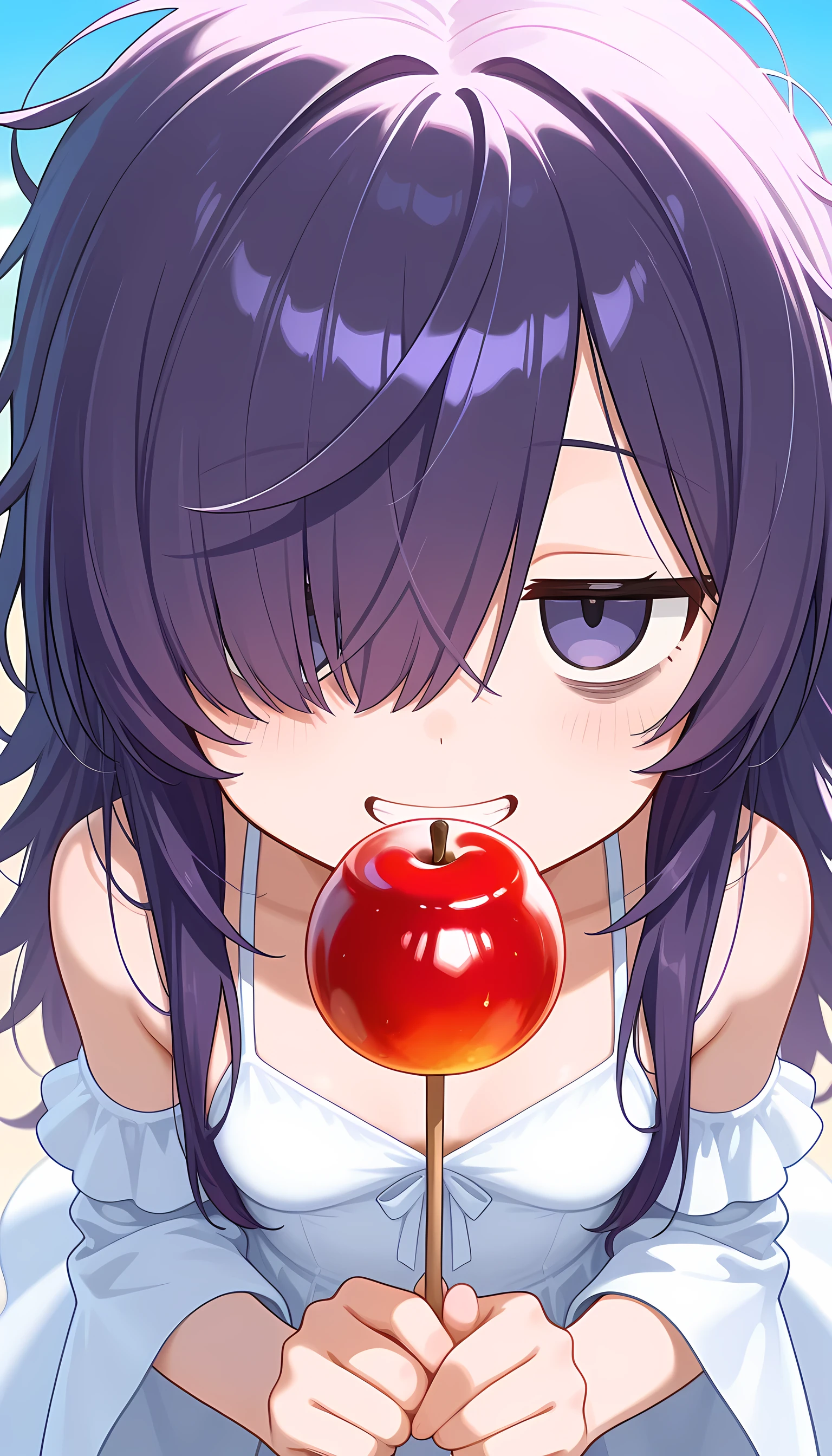 masterpiece, best quality, high quality, good quality, pastel colors, colorful, masterpice, (chibi-style anime illustration ), score_9, score_8_up, score_7_up, score_6_up, 1girl,long hair,dark purple hair, ((messy hair)), hair over one eye, (hair over right eye),((comic jitome)) ,(bags under eyes) ,grin ,small breasts,petite (white chiffon one_piece ),dress ,flare sleeves,holding a candy apples,face close up