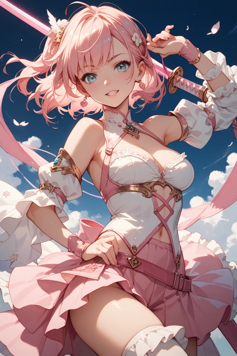 (high quality, 8k, 4K, high contrast, artwork:1.2, high quality, best aesthetics), (centralized), ((1 woman)), erotic, sensual, mature body, super detailed, beautiful face detailed, beautiful eyes detailed, detailed beautiful mouth, sexy body, perfect breats, perfect wide thighs, light pink hair, long light pink hair, wavy light pink hair, blue eyes, white medieval armor with sexy pink details, cleavage, shoulder pads, long white cape, exposed thighs, exposed belly, pink angel halo, smiling, calm facial expression, standing erect, looking at the viewer, centered, above the clouds, clear sky.