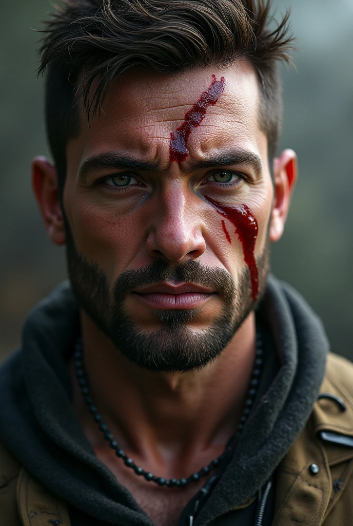 The survivor's face is unrecognizable. Su piel, pale and marked by deep circles under the eyes, shows the ravages of the traumatic experience he has experienced. The clothes he wore before are now torn and stained with mud and dried blood., as vestiges of the fight he had inside the cabin. The expression on his face is one of pure desolation and horror., His empty, glassy eyes reflect the terror that still consumes him even after he has escaped..