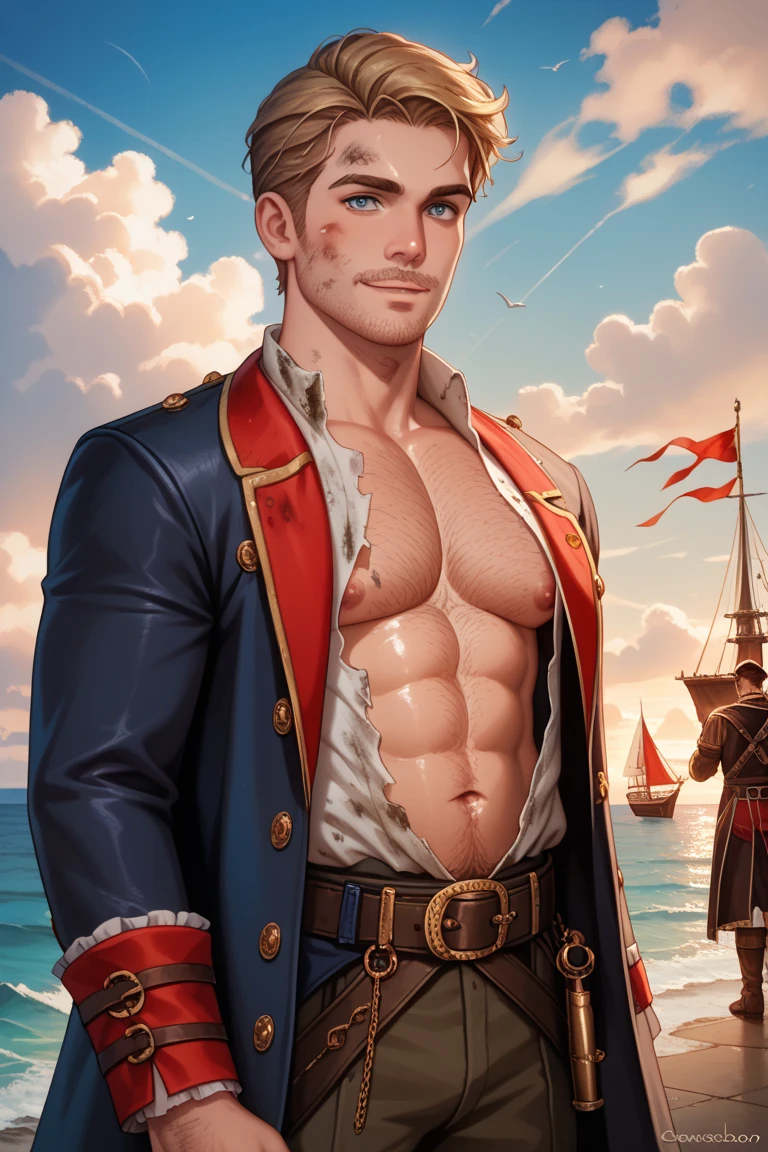 (best quality,4k,8k,highres,masterpiece:1.2),ultra-detailed,(realistic,photorealistic,photo-realistic:1.37),portrait,emperor Constantine the Great resurrected in the modern world,young adult man,warm smile,bright and sharp eyes,thick neck,broad shoulders,thick chest,strong muscles,confident and powerful posture,holding a lifesaver,illuminated by the golden sunlight.