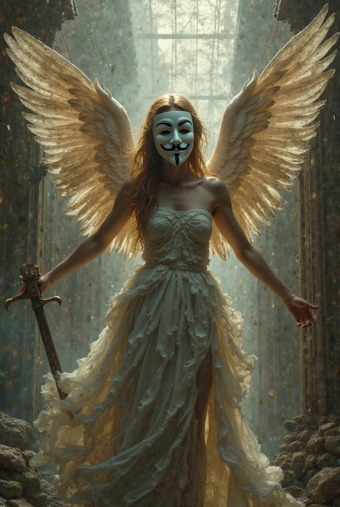 a picture of a suffering angel With blindfolded. , gloomyly detalized, in the background Polish colors white - red, photorealistic