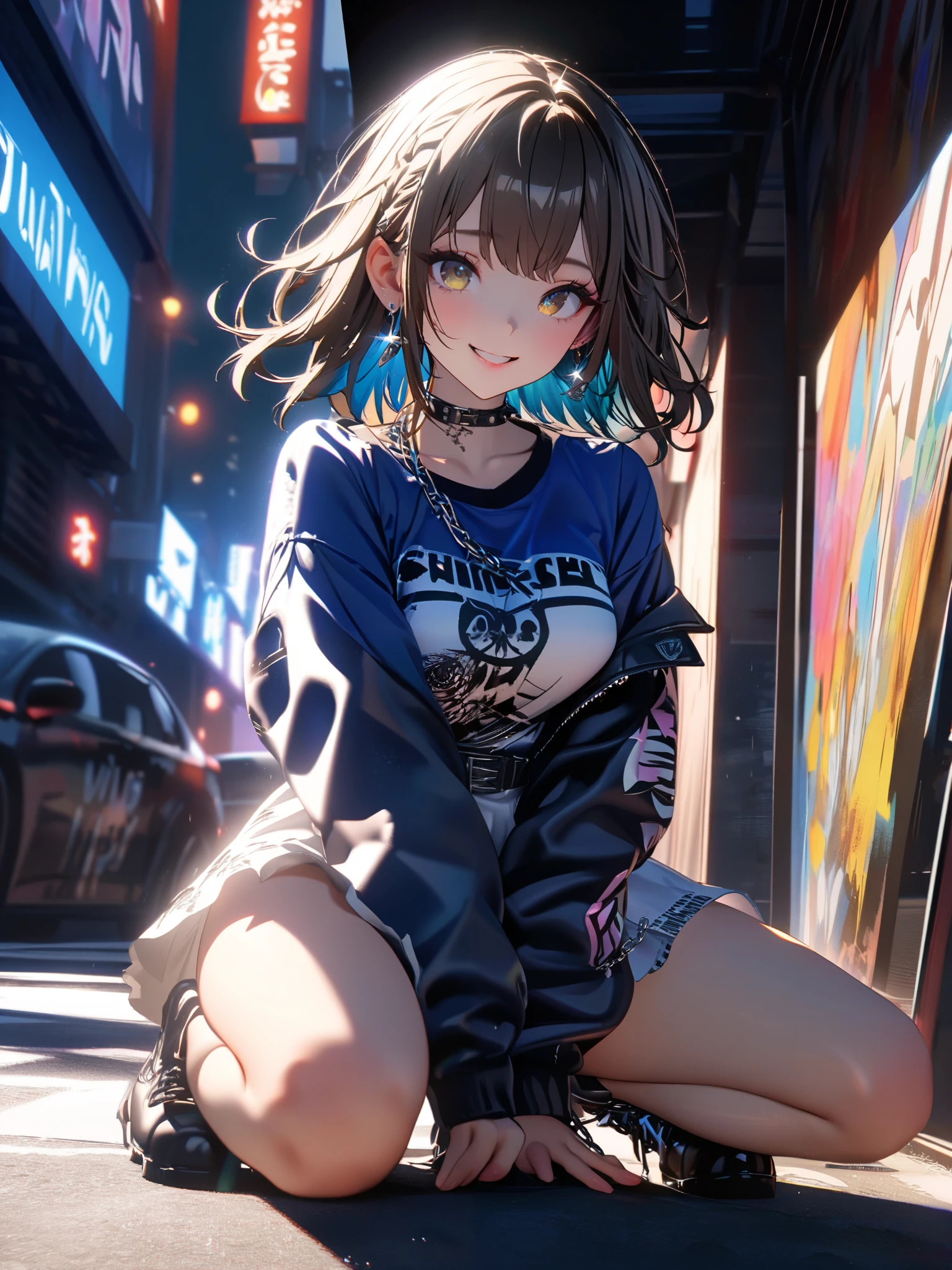 Anime girl sitting on the ground in a city street - SeaArt AI