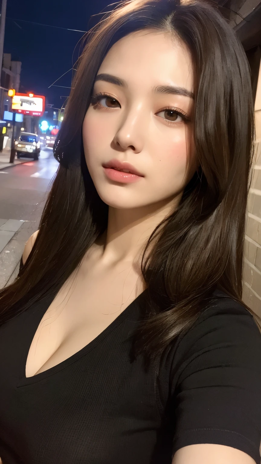 ((Best quality, 8k, Masterpiece: 1.3)), Full body, Sharp focus: 1.2, A pretty woman with a perfect figure: 1.4, Slim abs: 1.2, ((Dark brown hair, Big breasts: 1.2)), Sleeveless T-shirt dress: 1.1, (City at night, On the street: 1.1), Very detailed face and skin texture, Detailed eyes, Double eyelid, oppai, big boobs, provocative, large cleavage, noticeable , visible through clothing