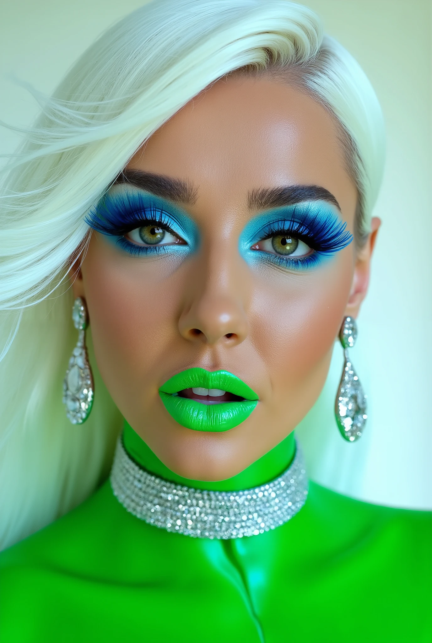 incredibly long and voluminous eyelash extensions, blue makeup, diamond earrings , green lips , long flowing hair, white hair, She laughs, in a green latex suit, silver choker on the neck