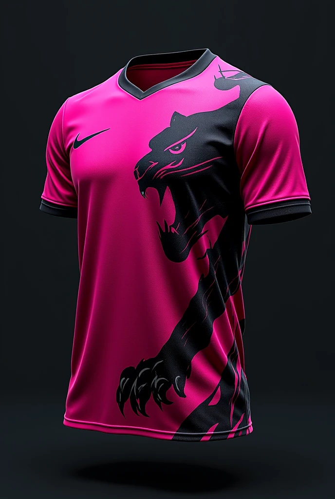 Brazilian football uniform ,with the color black and a giant pink dragon on the shirt,with pink scale on the right shoulder, we brand nike