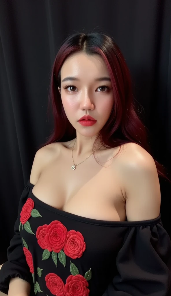 instagram photo, closeup face photo of 23 y.o Chloe in kebaya, Red Lipstick, sensual Lipstick, Sensational Make Up, cleavage, pale skin, (smile:0.4), hard shadows, Red G-STRING, bright lighting