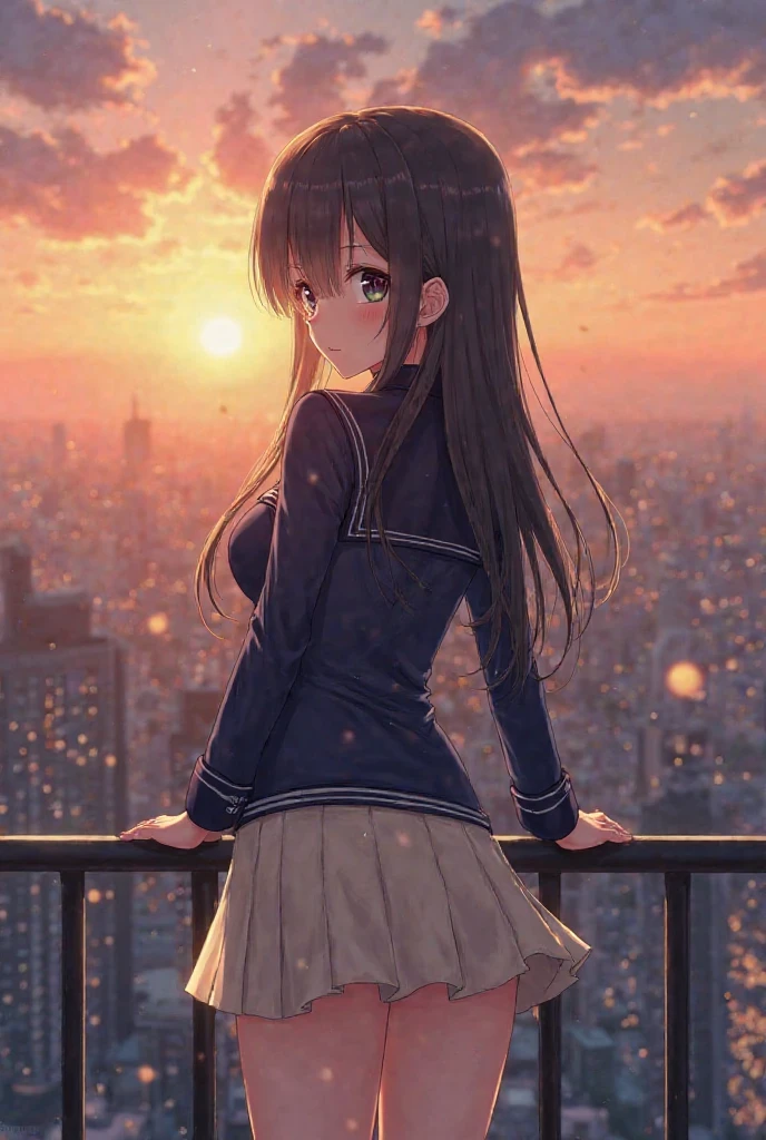 ((masterpiece,best quality,ultra detailed,ultra high res,detailed background)),(fisheye lens),school,sunset,on roof, guard rail,looking down,1girl,looking back,