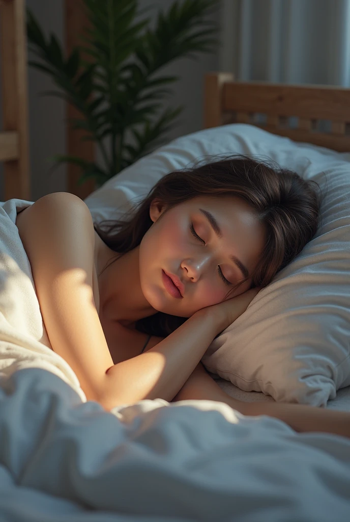 Long-sleeved clothing　Sleeping woman　Scandinavian interior　relax　Stylish room　Foliage plant　indirect lighting　Going to bed　End of the day　night　Where to sleep　Long Hair　Under the chest８cm length hair　（（Shiny hair））　Light-reflecting hair　（（Straight Hair））　うねりのないStraight Hair　Dark Brown Hair　　Milk Tea Beige Hair　Japanese　With bangs　No bangs　Straight Hair　Multiple poses　　Profile　 Face Angle Sideways　Real　A-Line Long Hair　pillow