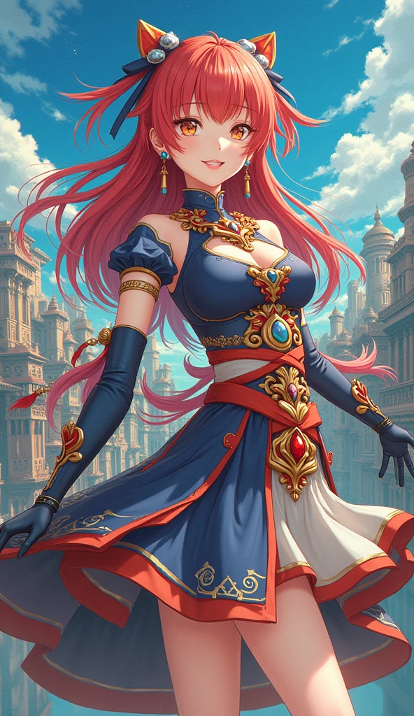 Best quality, masterpiece, highly detailed, realistic, beautiful woman in sparkly flowy blue dress, with an ethereal aura in a fantasy city, luxurious, fancy, short red hair