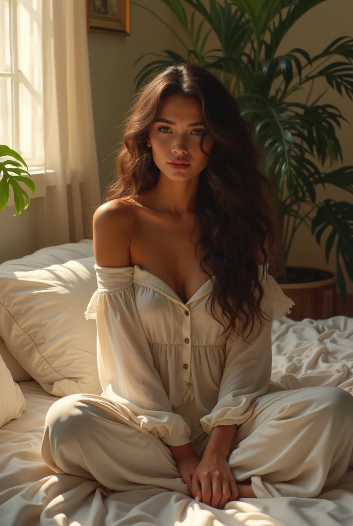 (photorealism:1.2), beautiful woman, sitting on bed, wearing loose off-shoulder top, pajama pants, long curly hair, indoors, soft lighting, plants in background, window with sunlight, cozy room, relaxed pose, realistic, intricate details, warm colors, by Greg Rutkowski, by Alphonse Mucha