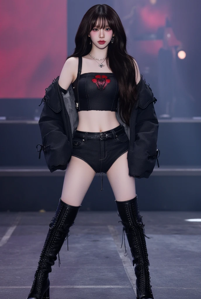 (highest quality,8k,masterpiece:1.3,),(超A high resolution,Realistic:1.4,RAW Photos),(Very detailed,Ultra-Dense Muscle,Caustics),(Singing Japanese idol), (Live Stageでダンス),(Skirt tearing),1 girl,12 years old,cute,Laughing with your mouth open,Japanese,Black-haired,ponytail,Wearing only a virgin-killing sweater、Nude Model、Large Breasts,(Live Stage),grabbing a microphone,Looking at the camera,Focus on the thighs,(Camera position is low:1.1),(Low Angle:1.1),(vision:1,3),SpotLight,Light