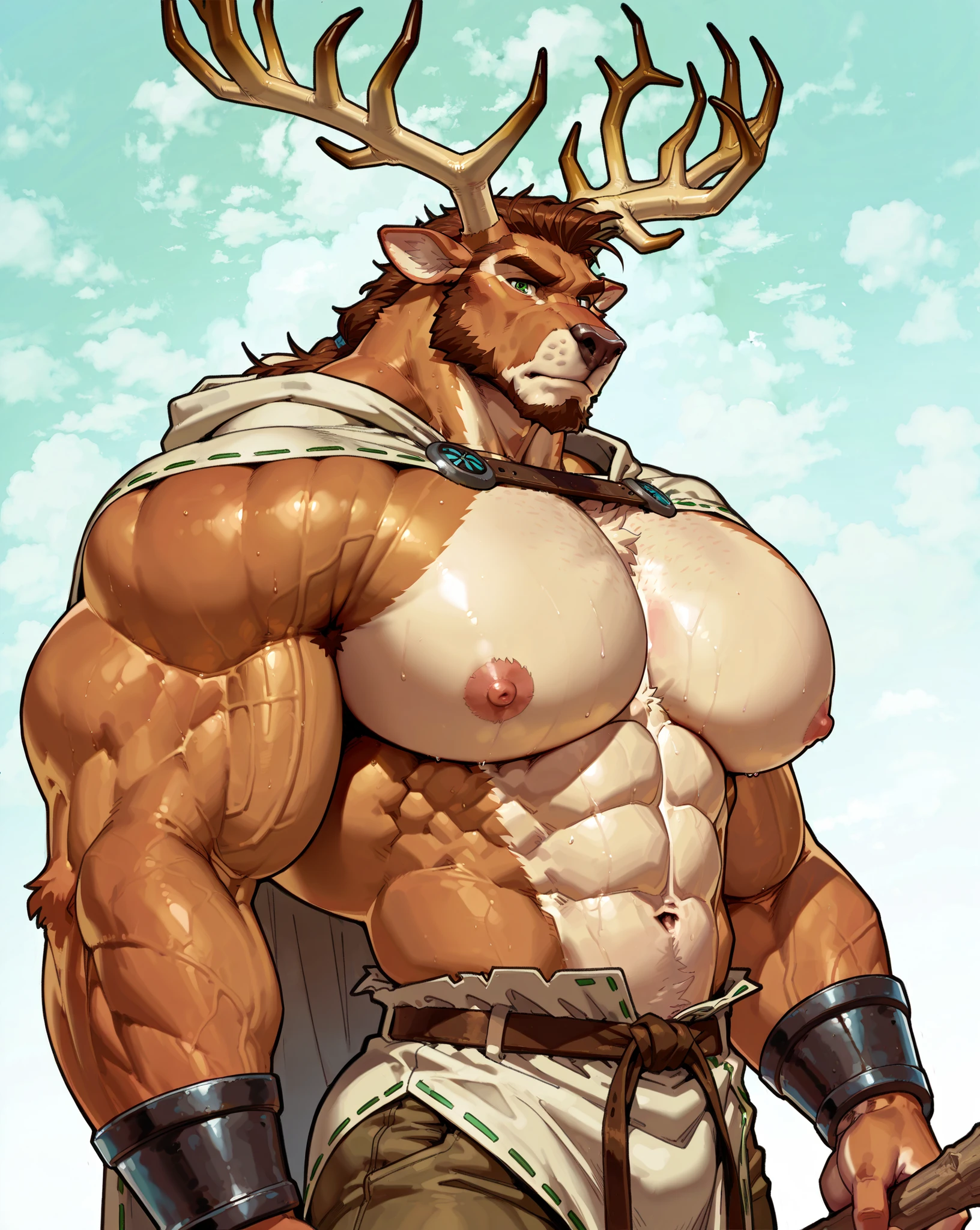 masterpiece, best quality, amazing quality, correct anatomy, absurdres, intricate details, high resolution, hyper-detailed, 1male, ((solo)), male,
brown fur, ((stag)), huge majestic antler, beautiful green eyes, white underbelly, brown hair,
((massive size difference)), ((10 feet tall)), muscle, massive, big muscle, ((massive muscle)), dominant, rough, abs, eight pack, pecs, (wide shoulder, wide pec, massive pec muscle thick arms), mature, rugged, old male,
upper body, druid, Hooded cloak, (linen tunic), trousers, Leather bracers, holding wooden staff