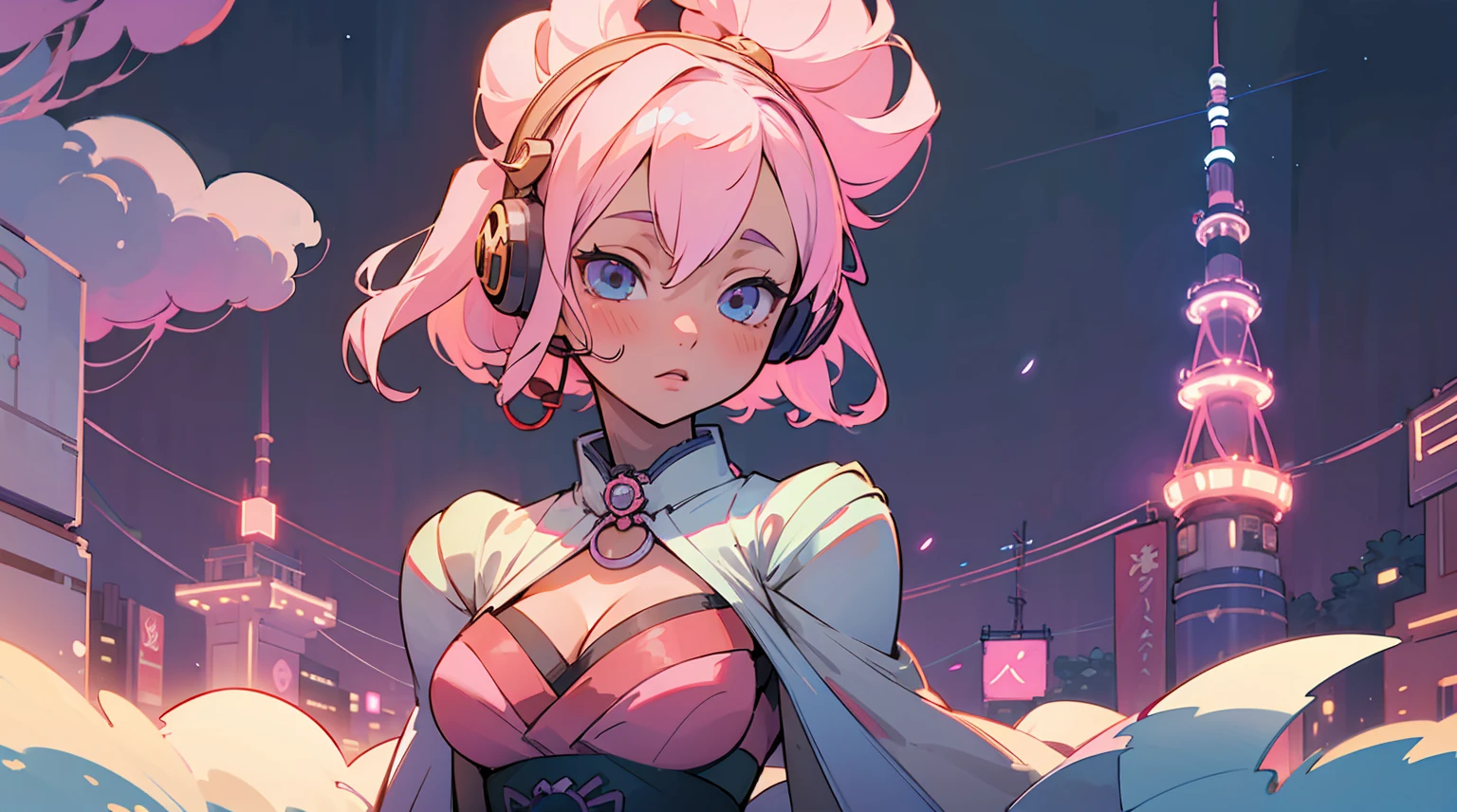 sexy anime 1girl ,headphone, glowing skin , beautiful background , beautiful sky, aesthetic ,venilla ,night ,cleavage, japan, tokyo city , synthwave
