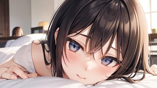 masterpiece、Flat Color、Written boundary depth、Lens Flare 1 、、Brown Hair、Gazing at the audience Big Breasts wall: Completely naked、Nipples、 vision Small face prohibit Beautiful woman Detaiil Show me your hands Lying in bed Leg ホルスター lying on the bed