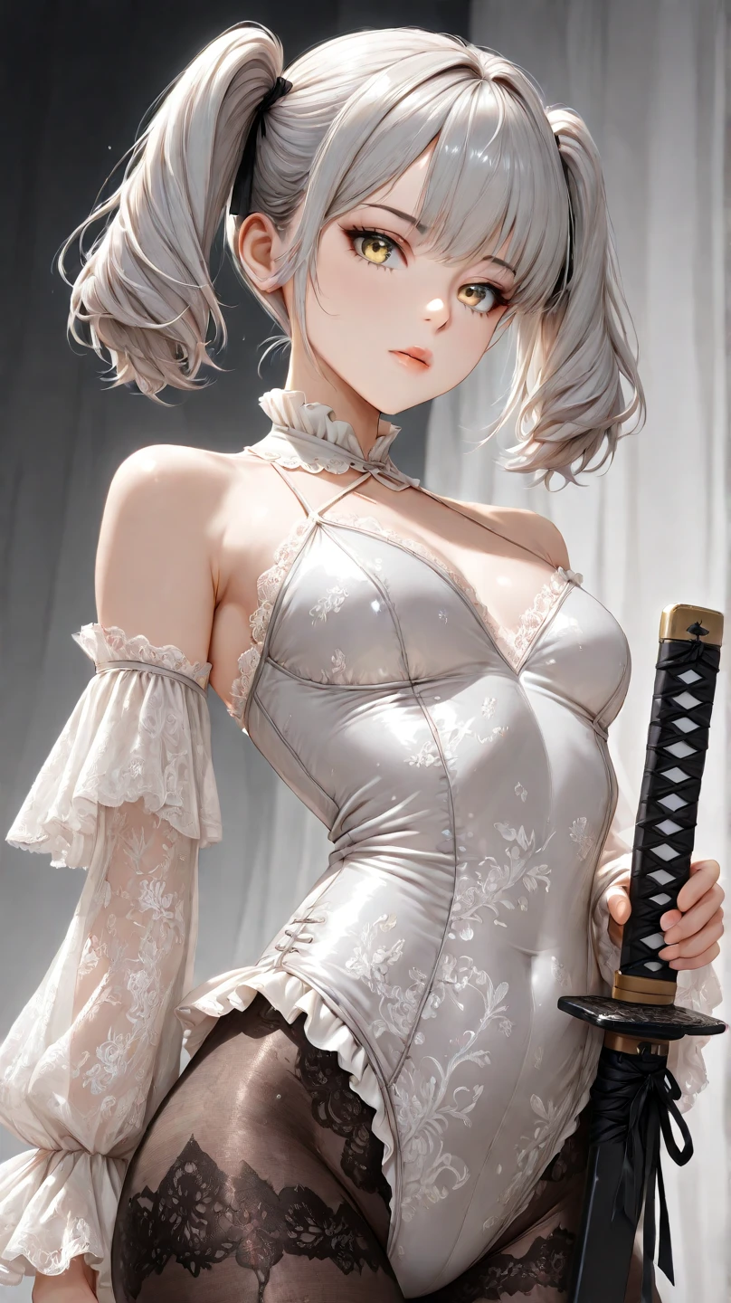 ((Sixteen Nights Sakiya)), ((Touhou Project)), Cosplay, ((Silver hair)), ((Medium hair)), (((Ultramarine maid outfit)), Middle breast, ((Light clothing)))), (Pause))), (Western))), Full body, Slim body, Slim girl model, 18-year-old female model, ((Devil's smile)), ((((Knife))))