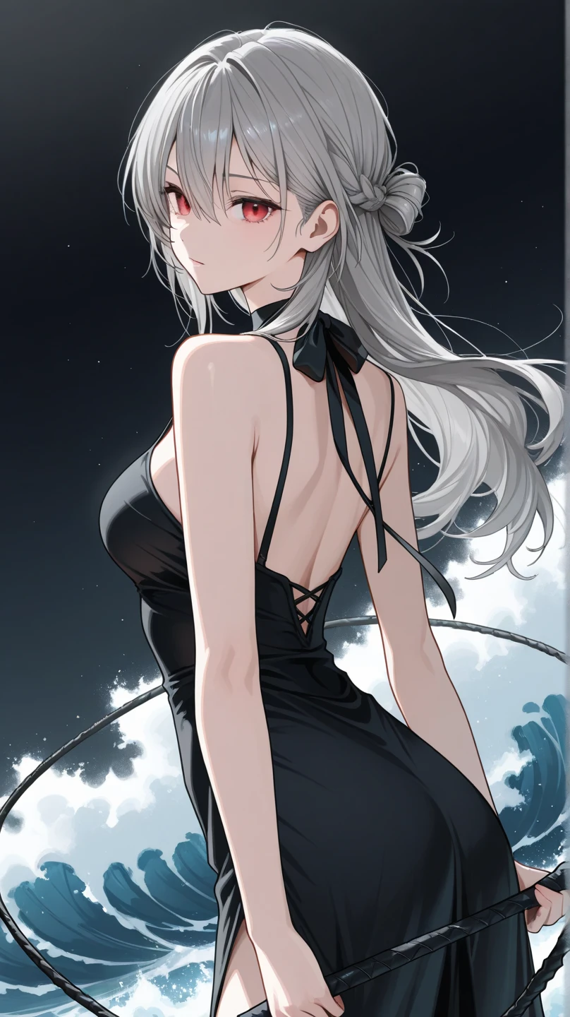 Masterpiece, Best quality, Night, stars, On the beach, Real, Realistic, incredibly_absurderes, the wallpaper, monochrome, traditional_Mediums, Girl, Long hair, Wavy hair, Small breasts, Revealing dress, white thighhighs, pendant, jewelry, Fingerless gloves, arms back behind ,