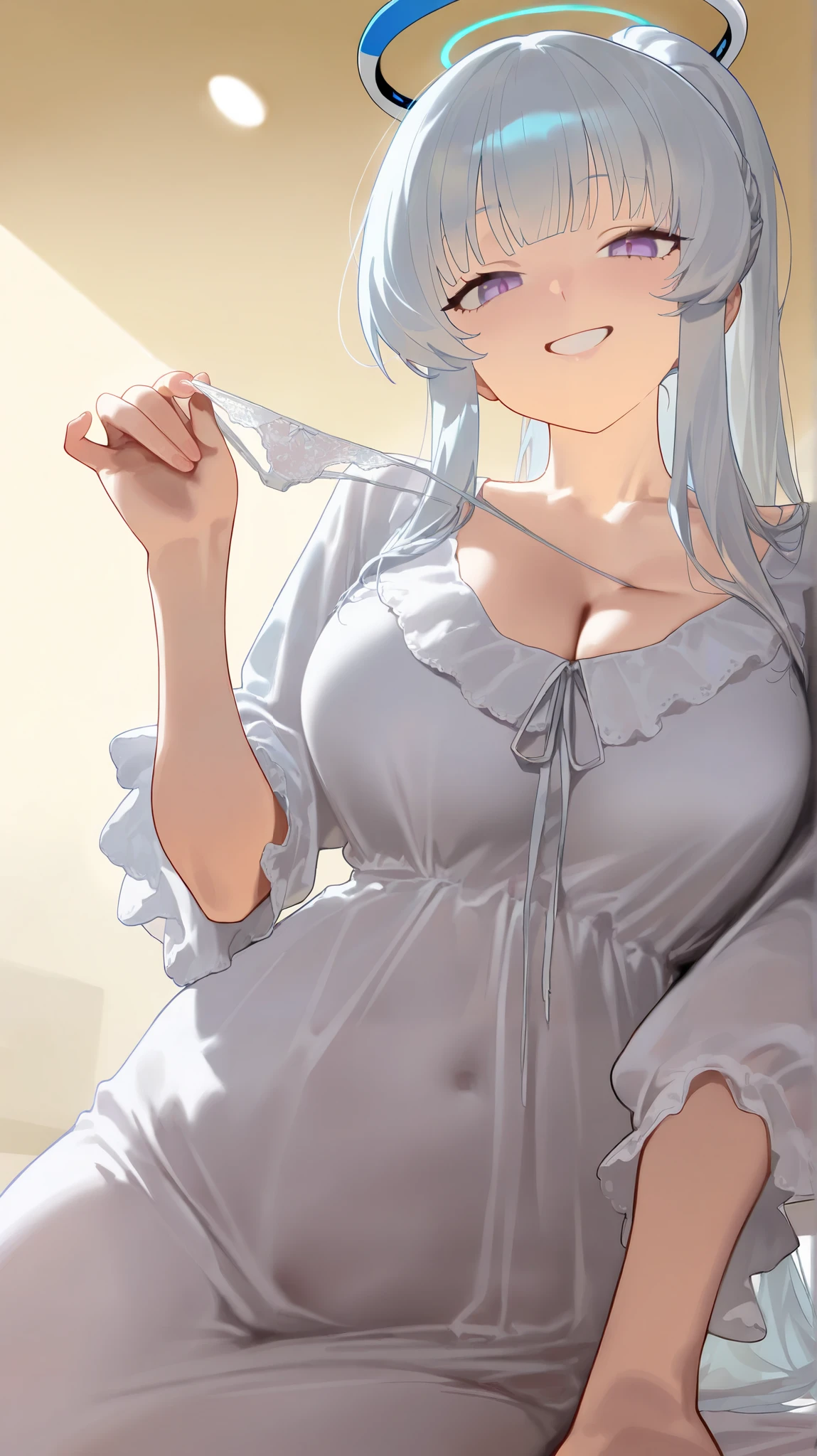 1girl,noa \(pajamas\),purple eyes,halo,white hair,white dress,ponytail,
year_2023,foreshortening,highres,high definition,absurdres,amazing quality,best quality,masterpiece,very aesthetic,masterpiece,simple background,
indoors,cowboy_shot,see-through clothes,looking at viewer,close-up,macro_shot,seductive_smile,naughty_face,,(),love hotel,lace panties,holding panties,dark,lambent light,sitting on bed,condom,cinematic_angle,from_side,