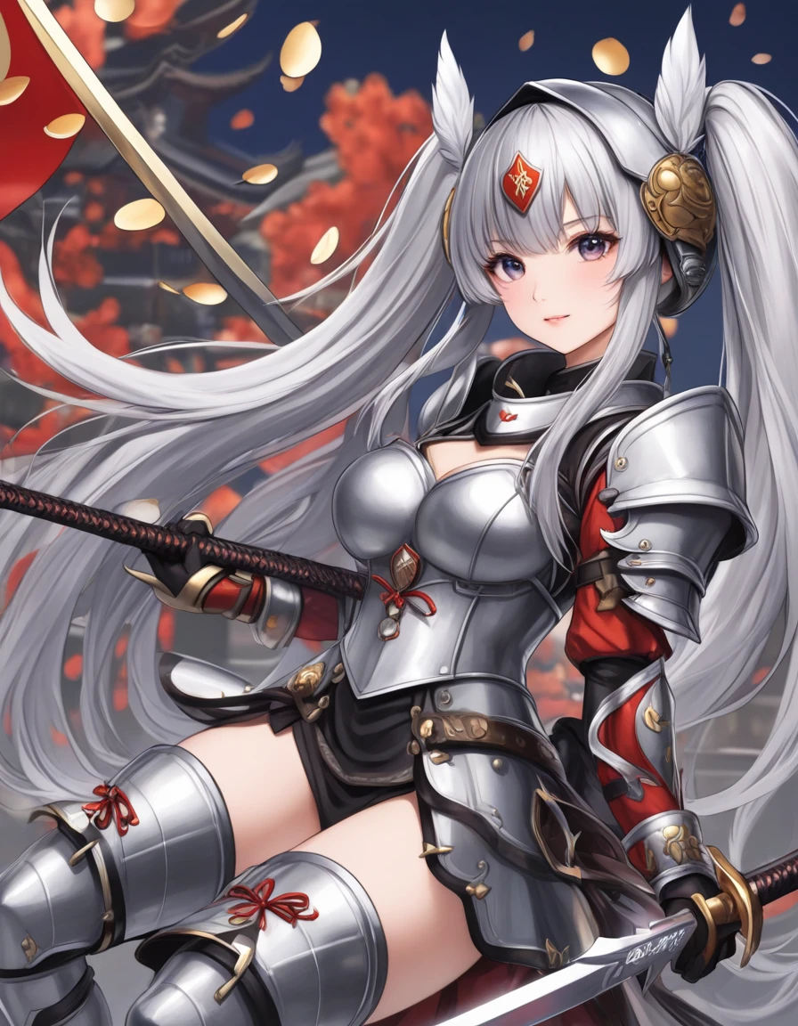 A futuristic samurai knight in white armor and oriental fabric clothing, hood and gears, gigantic_breast
