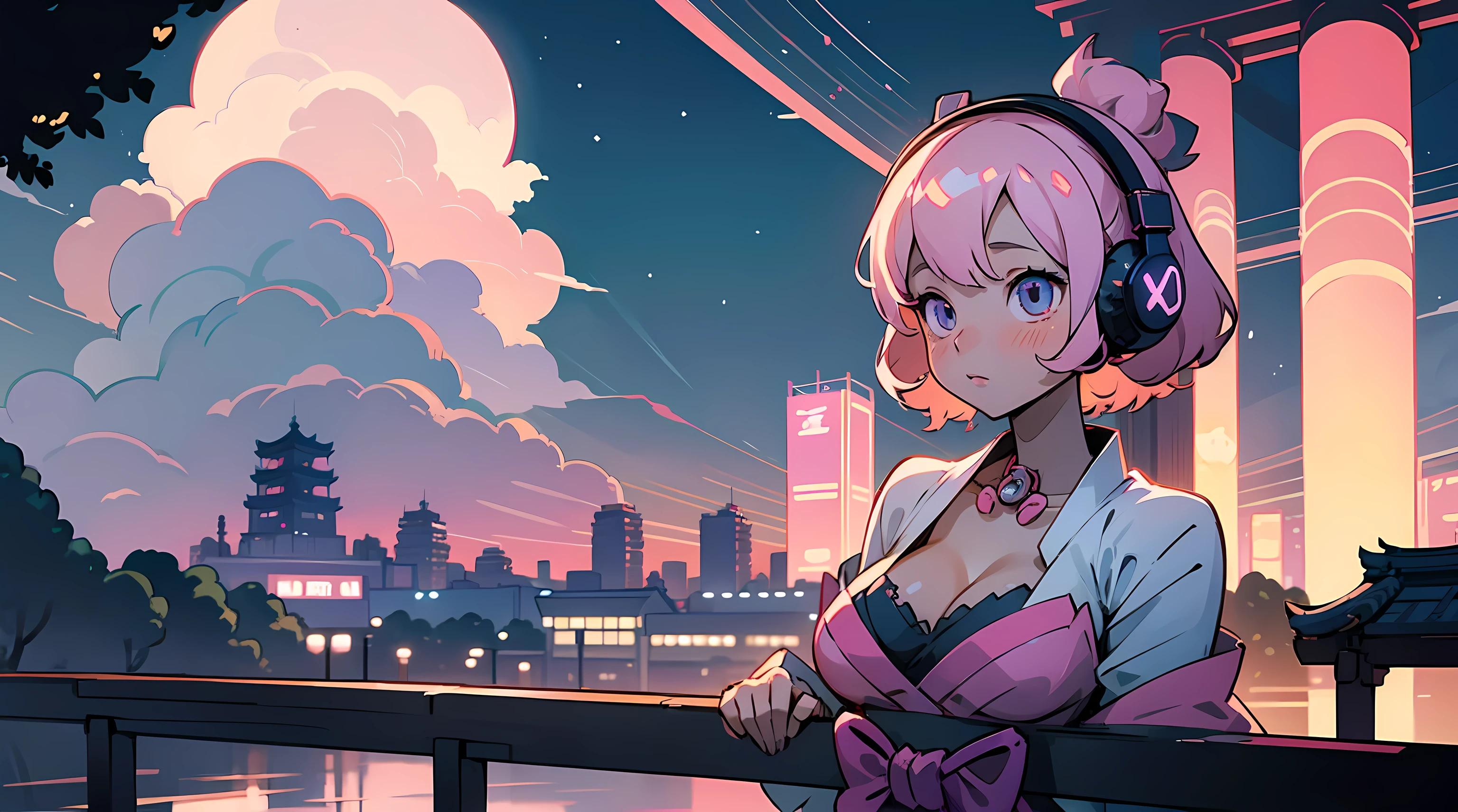[sexy anime 1girl ,headphone, glowing skin , beautiful background , beautiful sky, aesthetic ,venilla ,night ,cleavage, japan, tokyo city, synthwave]