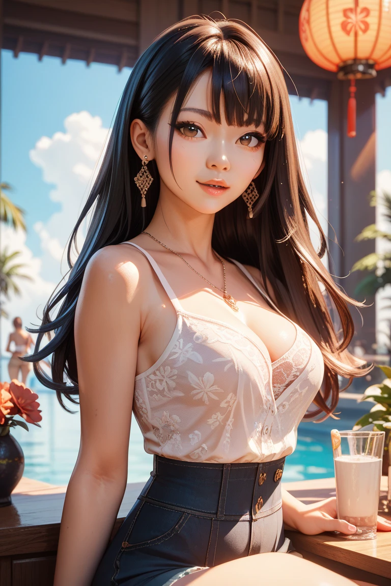 20 year old woman,soft lighting,sitting down in a chair outside,daytime,perfect face,smiling,perfect figure, random hairstyle, tube top, coat, pants,narrow shoulders,huge breasts, wide hips