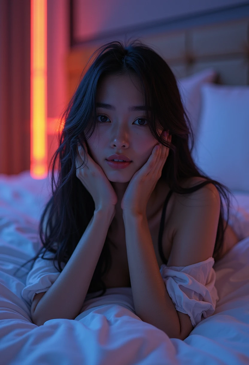 8k, highest quality, masterpiece, Realistic, Photorealistic, Ultra-detailed, Natural light, , Create an image of an alone confident 2 Filipina woman with an hourglass body shape, slightly curvy, standing at 5'4". She has fair skin, long and thick hair, and a small heart-shaped face with subtle cheekbones and a rounded chin. Her nose is delicate, pointy, and . She is lying in bed inside a beautifully decorated, well-lit room. The room is warmly illuminated by soft ambient lights, complemented by the gentle moonlight streaming through large windows. She is wearing elegant slutty sleeping gown. The camera is positioned directly in front of her, capturing her serene expression as she is about to say good night. Her hands rest comfortably at her sides or gently touch her face, reflecting her peaceful mood as she prepares to sleep. Outside, the night sky is dotted with stars, adding a tranquil and calming ambiance to the scene.