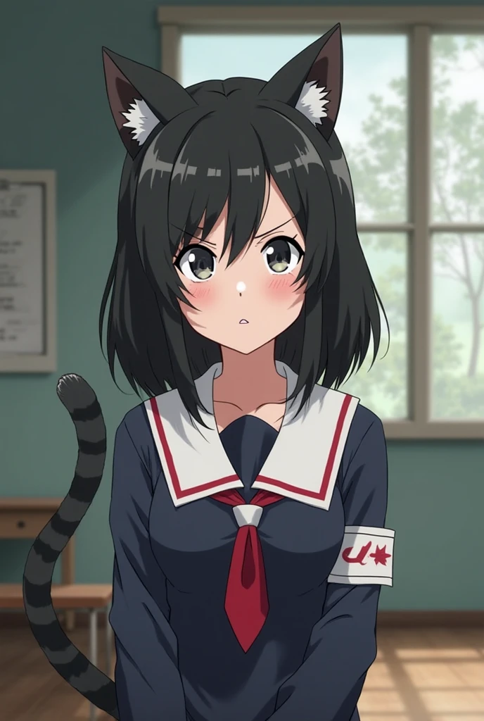 (masterpiece, best quality, hires, high resolution:1.2, 8k , high quality),extremely detailed eyes,intricate details,looking at viewer,indoors,
1girl,solo,<lora:eines_20240222_2-000007:0.7>,parted bangs,emerald eyes,black hair,
eines,white shirt,blue ribbon,grey skirt,boots,white socks,frills,
cat hat,(:3:1.2),blush,paw pose