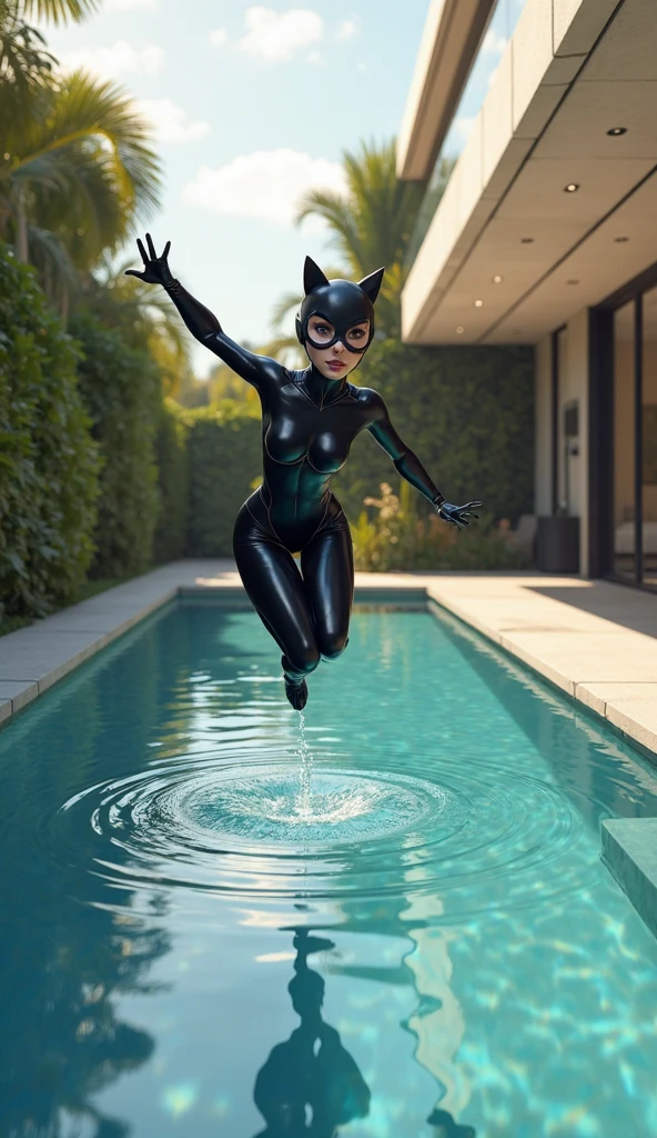 1 Catwoman, 18 years, in a Japanese school swimsuit, big breastes, beatiful face, properly proportioned, (appearance: Erotic, Short Hair Hair, Cat's ears, Wet, impassioned, A tail grows out of the butt), Background: school pool, real-photo, hyper realisitc, ultradetail
