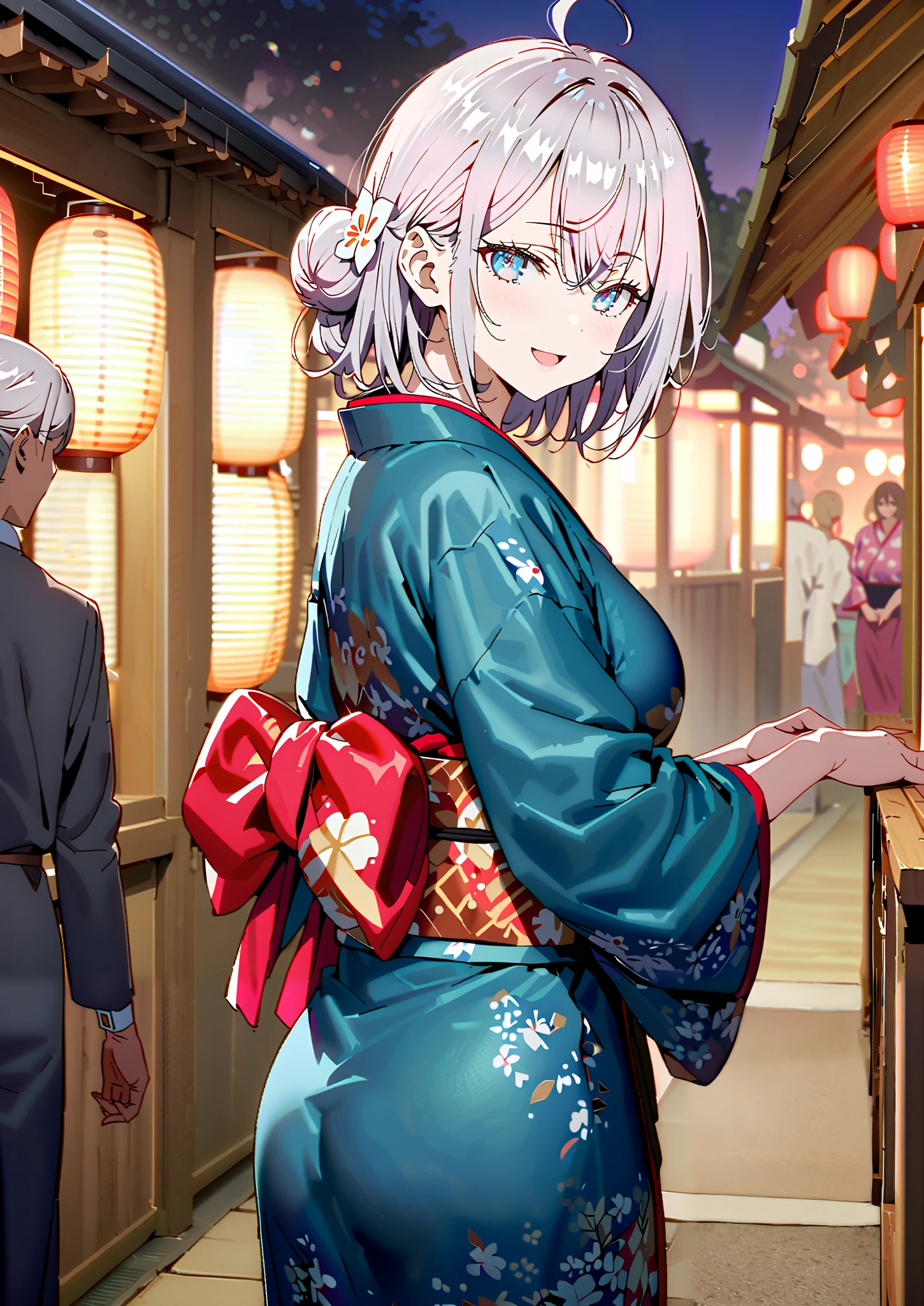 Alisa Mikhailovna Kujo, bungs, blue eyes, stupid hair, Gray Hair, side lock,bun hair,Nape,Big Breasts,Flower Hair Ornaments,White flower pattern kimono,smile,cover,opens her mouth,standing,Light up fireworks,Red Lanterns,Japanese stalls ,night,full bodyがイラストに入るように,break outdoors, Japanese festival,
break looking at viewer,full body,,
break (masterpiece:1.2),top quality , kampala,unity 8k 壁紙,(shape:0.8),( fine and beautiful eyes :1.6),It's a person ,full body写真,CG Details , (perfect hands,complete anatomy),