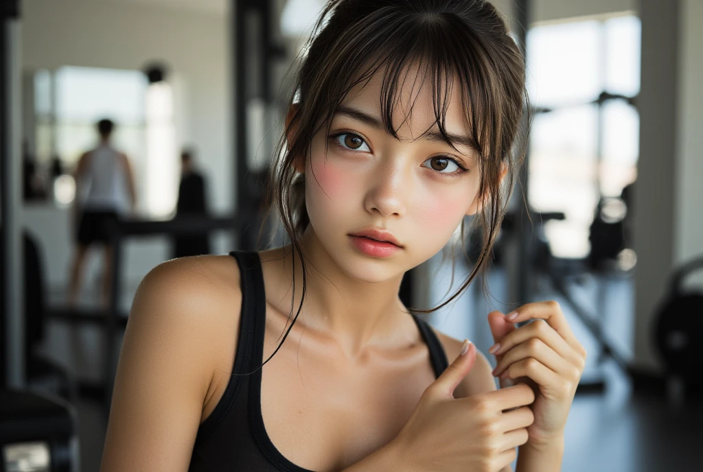 fitness girl、cute baby turtle、hentel realism, 8K, 1 girl, cyan pupil, mole under eye, toned abdominal muscles、Beautiful woman、big breasts:1.3、Beachy、true to life、8K、russian girl、wear workout clothes、(sweaty)、((woman exercising at the gym))、((wet hair))、(erotic face)、toned thighs、detailed face、detailed lips、detailed eye、long hair、refreshing eyes、(erotic pose),
