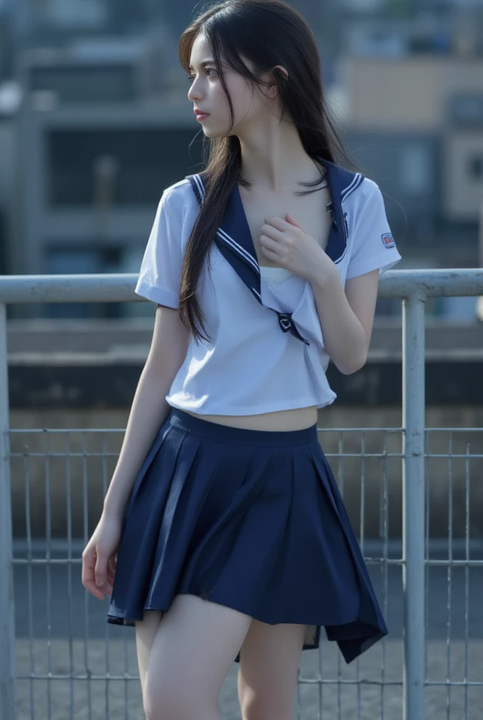 (masterpiece, Highest quality:1.2), 8K, Young and beautiful girl, 85mm,Official AR RAW Photos, (Baby Face), ((Small face)), ((Big Breasts)), ((Backwards)), ((Show me your ass)), ((Full nudity)), Detailed nipples, ((short hair)), Show me your ears、photo shoot, Cute face, Thighs, Classroom after school, Looking at the audience, Embarrassing、smile、 makeup, Film Grain, chromatic aberration, Sharp focus, Face Light, Bright lighting, 10 generations, Detailed face, Background blur、((((((14 year old high school girl))))))、Narrow waist、Sailor suit、Dark blue mini skirt, White tiny panties, (Detailed pubic hair)