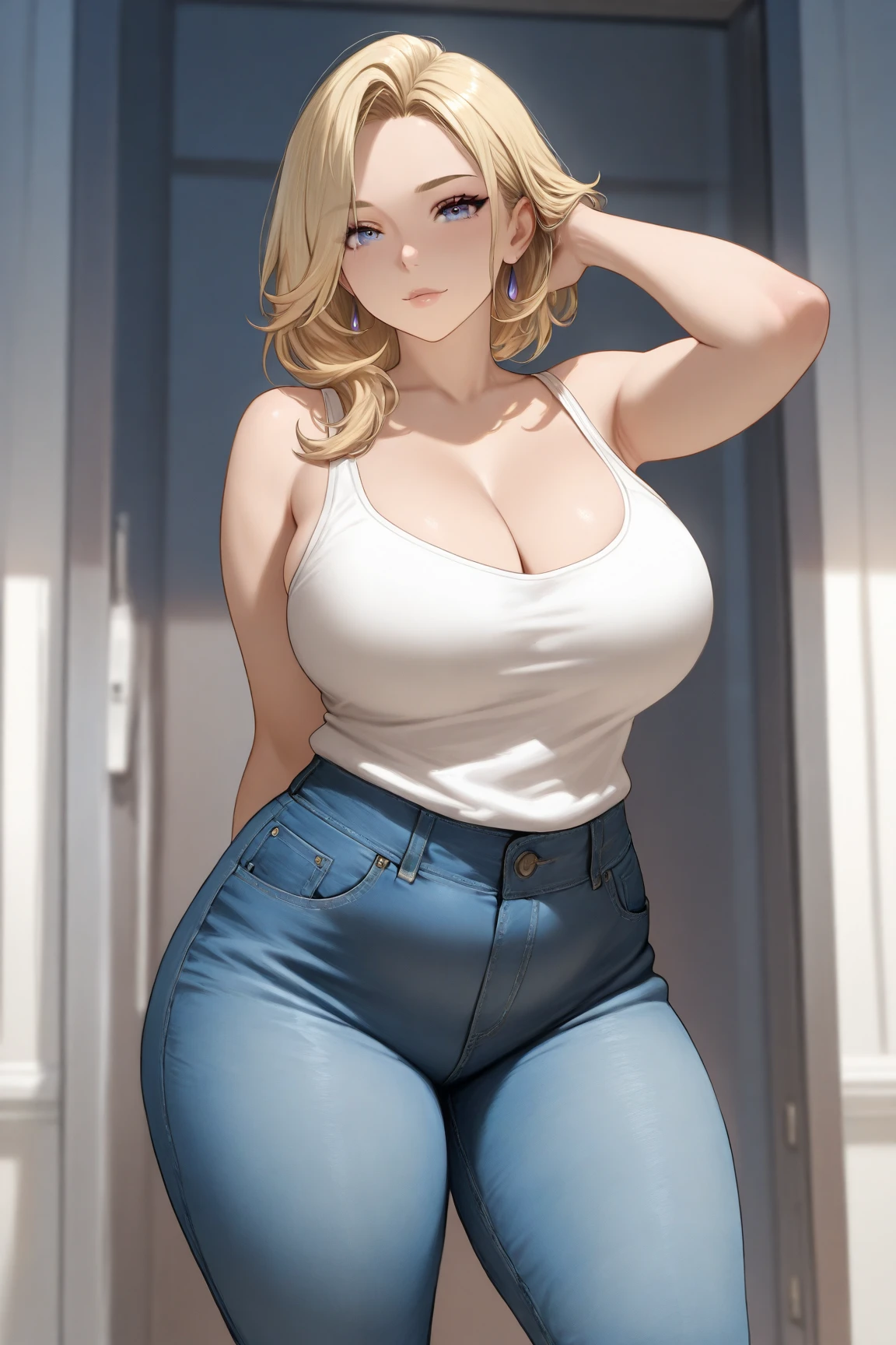 Best quality, high detailed, 8K quality, 4k resolution, Full body 20 years old chinese girl named anastasyakh, blonde hair, necklace, gorgeous face, massive breast, curvy body, wearing white sweeater, crop denim, massive breast and huge butt, playful expression, pose with both hands