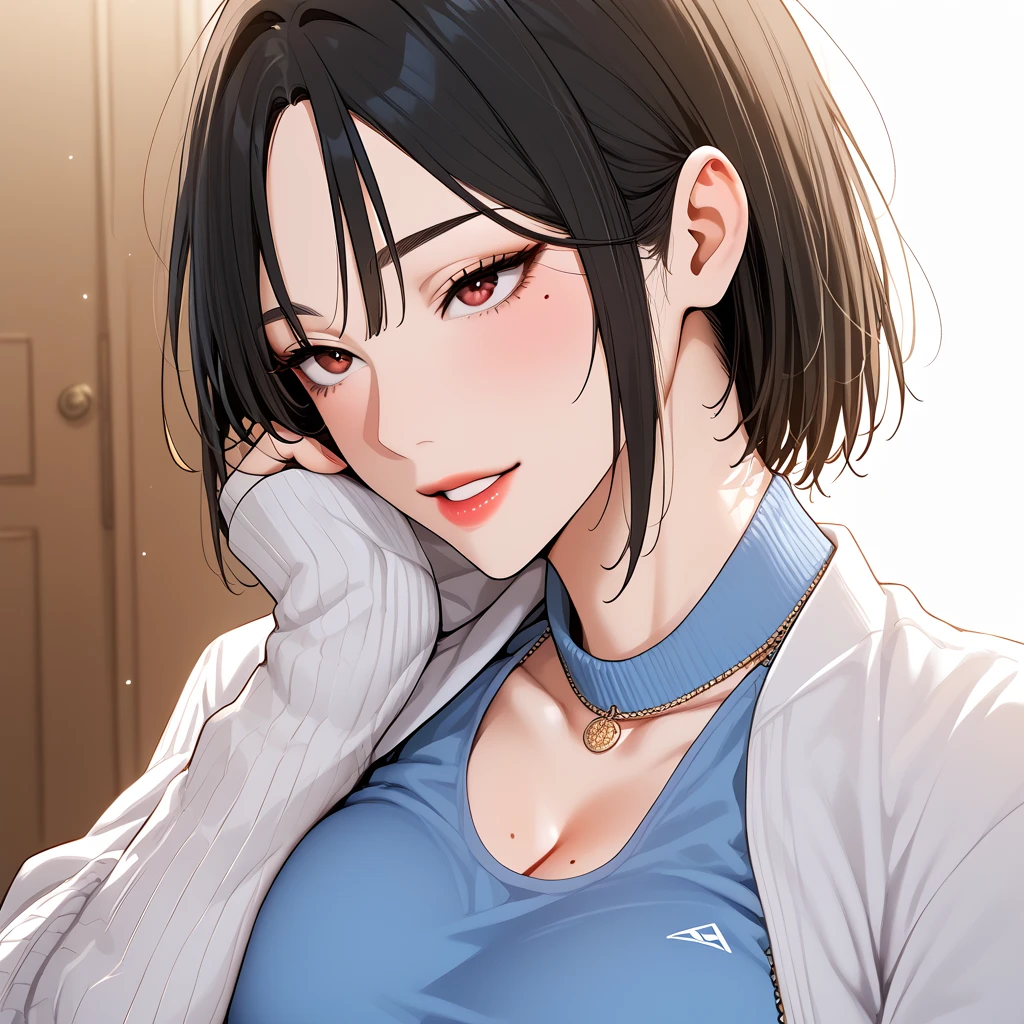realisticlying、52 year old girl、T-shirt wearing,Face enhancement,Chest super large zoom,Cleavage emphasis,Looking up from the bottom,Blue Shanist'lips are a little red,A sexy,Bed sit,Open your mouth wide、Put your arms around the back of your head、Wearing underwear