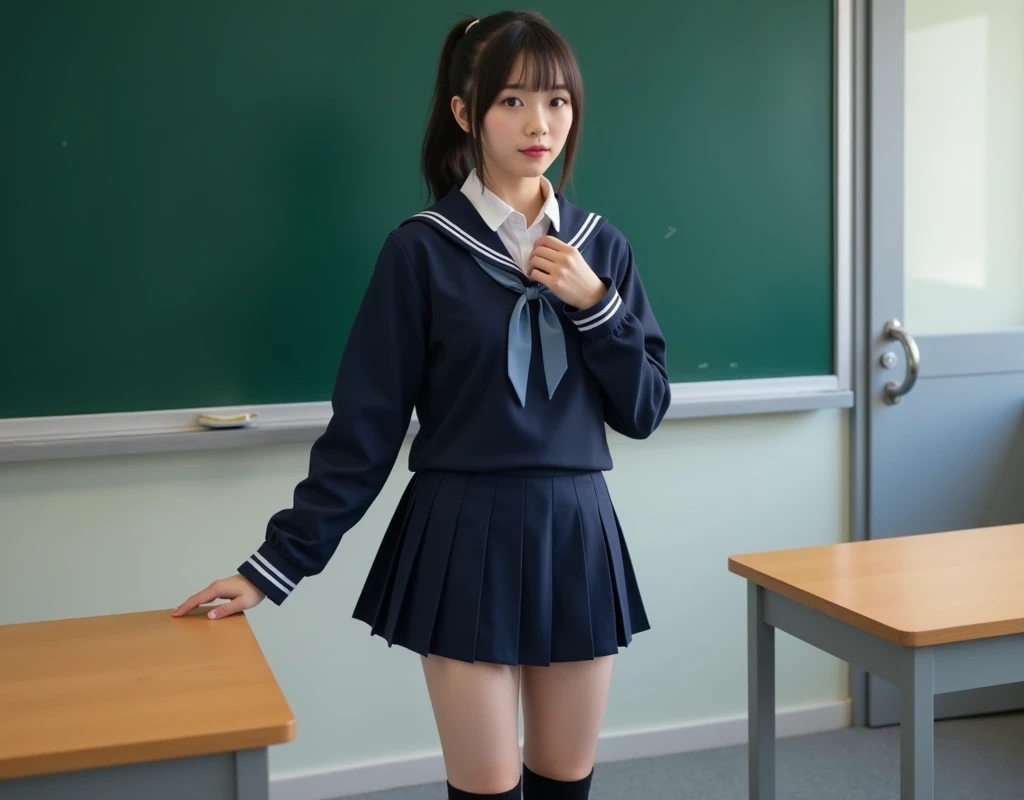 (happy expression:1.26)、RAW photo、(((Ultimate beauty full body photo shoot)))、((glowing skin))、1 girl、10 year old beautiful girl in Prague、10th generation、primary school student、young、young face、bright look、detailed face、bewitching、((black haired、short cut hair:1.2))、skirt、View from the floor、(white long socks:1.2)、(thigh-high socks:1.2)、((sailor suit、uniform、mini skirt:1.5))、(Open leg:1.2)、(micro skirt、high waist)、(Sitting on a chair with elbows on a school desk and legs wide open:1.2)、((She opens her legs and shows me her panties.:1.5))、(see through panties:1.5)、((standing on tiptoe))、counter point shot、((super detailed))、(Perfectly detailed face)、(detailed hands)、(finger details)、(excellent human structure)、photorealistic imageasterpiece、最high quality、super detailed、film light、intricate details、High resolution、very detailed))、detailed background、8KUHD、Digital single-lens reflex camera、soft light、high quality、film grain、Fujifilm XT3 、shallow depth of field、natural soft light、Kamimei、classroom、View from slightly below、((A shot of her looking up from below:1.0))、Angle of view from below、