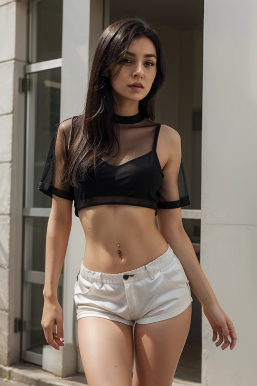 Girl posing for photo in white bra and black skinny denim, full body portrait, cropped t-shirt, bra and streetwear, slim figure, smaller bust, slim girl model, 24 year old female model, white high heels, standing posture, --auto --s2