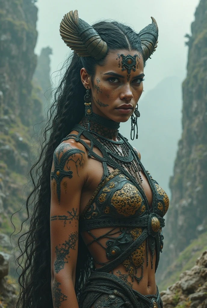 A close up of a woman with intricate facial tattoos and flowing hair, technoviking female with no shirt, with rune tattoos on her face, djinn human hybrid, norse goddess, picture of an adult female warrior, asgardian, muscular character, as a character in Tekken, inspired by Li Gonglin, inspired by Li Kan, avatar image, viking goddess