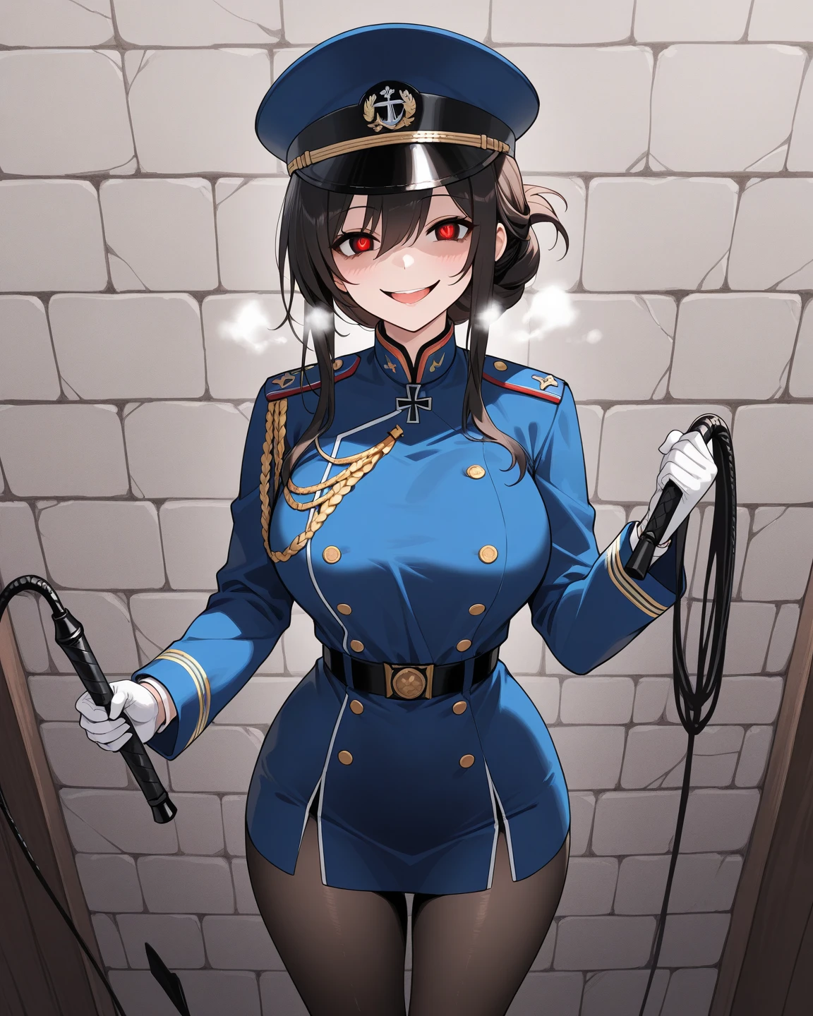 score_9, score_8_up, score_7_up, score_6_up, score_5_up, score_4_up, source_anime, 1girl,masterpiece, best quality:1.3), 1girl, black hair, blue eyes, white military uniform, white uniform, hat, gloves, black thigh high boots, heels, w-w-chain, shackles, raise arms, messy hair, dungeon, best quality, best res, 4K UHD,