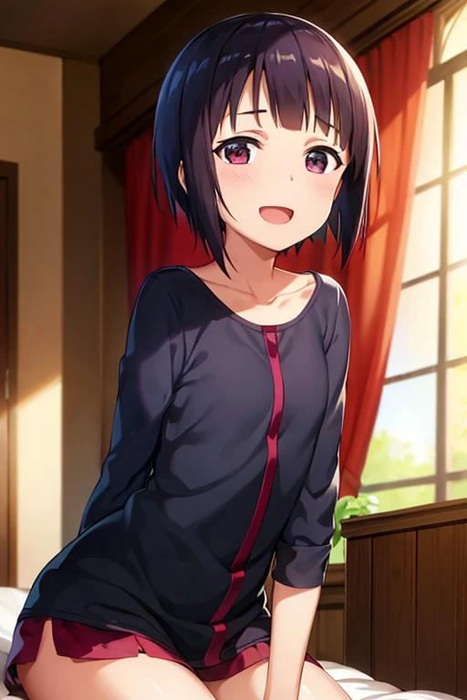 skirtlift, 1girl, Makoto kikuchi, no panties, smile, looking at viewer, bedroom