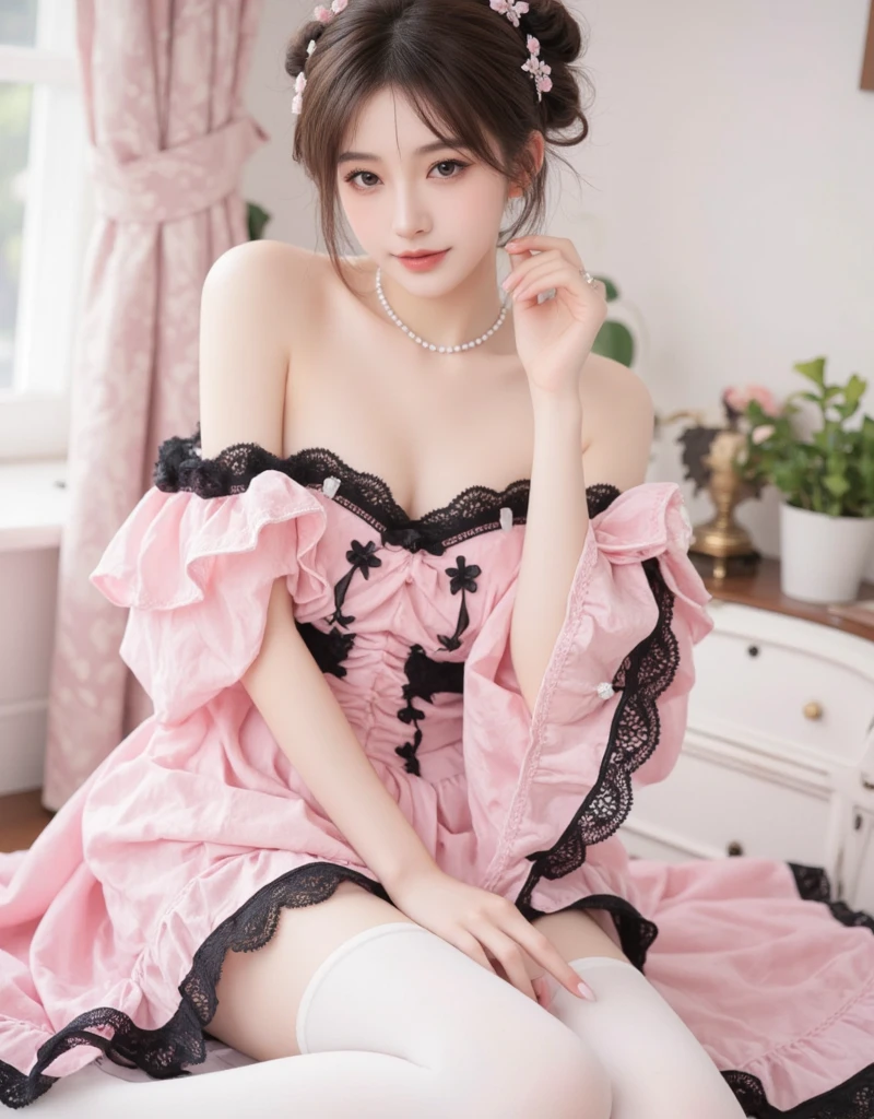 cool_dress((Girl lying in bed))、A beautiful and moving woman, in an elegant pose, her full breasts on display.,Visible cleavage,Sexy long legs,Variety of slim and cute beauties, Her long hair cascades down her shoulders like a waterfall。She smiles radiantly,Eyes sparkle,Her skin is flawless。Her curves are highlighted。Sparkle in the light,The colors are soft,She lay confidently,One hand on hip,Her posture is both graceful and strong。She wears elegant high heels,Goes well with her outfit。In the warm golden sun。The overall atmosphere of the image is tranquil and uplifting,Emphasizing natural beauty and elegance, Studio Lighting,Bright colors, Sweet maiden, sweet smile, make up,shy,Blush,Parted lips,Heavy breathing,moan,Surrealism,Realism,Movie Lighting,Relief,Sony FE GM,Retina,masterpiece,precise,Anatomically correct,Textured Skin,Super Detail,High Detail,best quality,rich and colorful