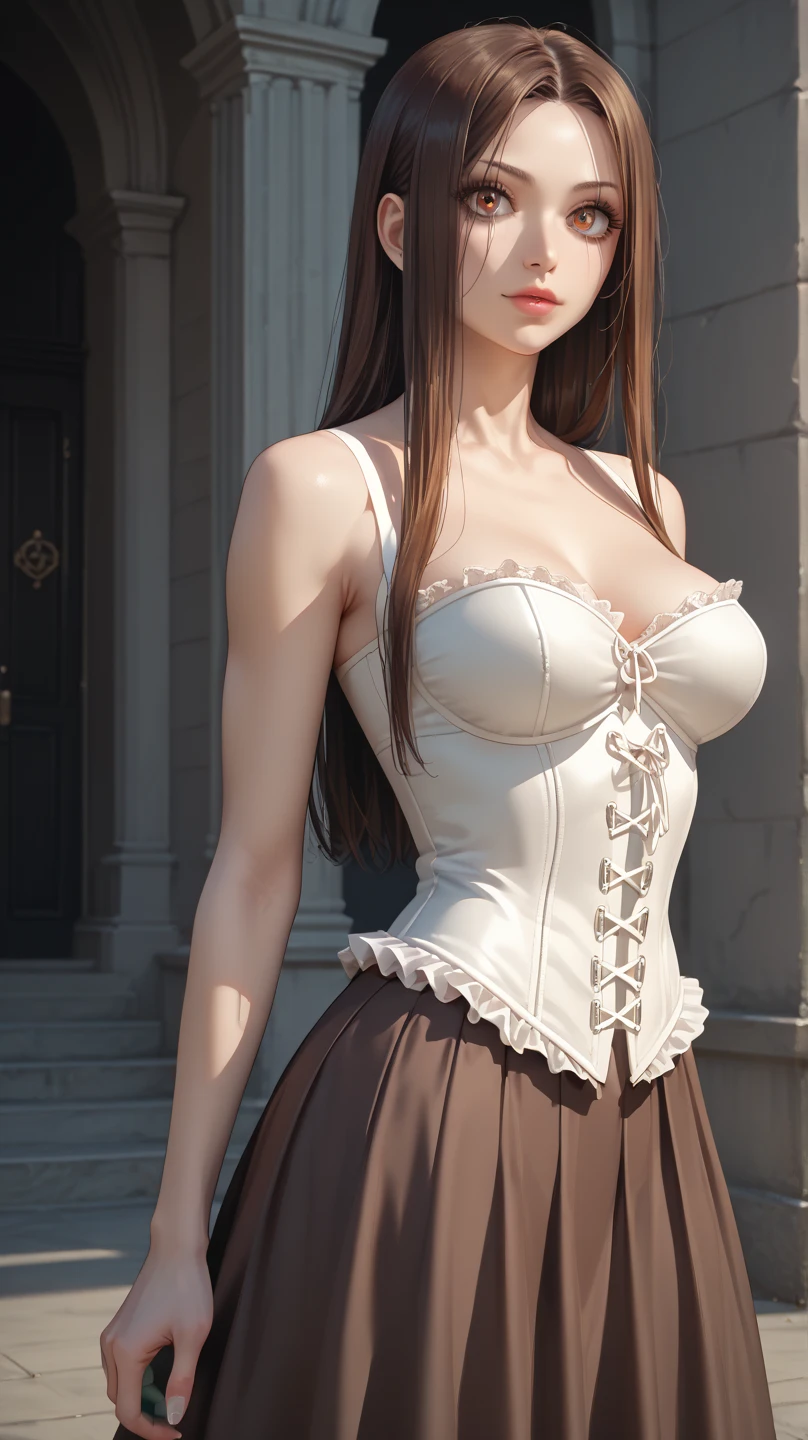 (1girl:1.3), cinematic light, solo, breasts, Lace-Up Bodice Dress, silky long hair, (brown) hair, (masterpiece, top quality, best quality, official art, beautiful and aesthetic:1.3), extreme detailed,highest detailed,(ultra-detailed),((an extremely delicate and beautiful)),starry sky,from below